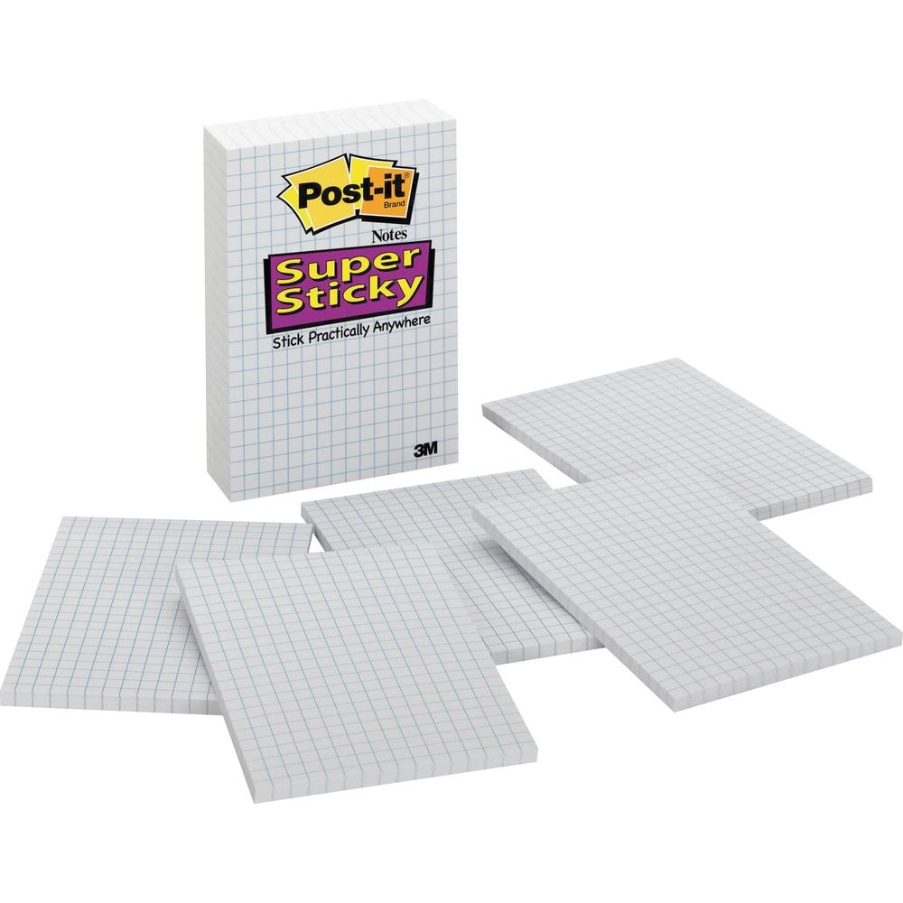 Post-it Grid-Lined Notes, 4 in x 6 in, White with Blue Grid - 600 x White - 4" x 6" - Rectangle - 50 Sheets per Pad - Grid - White - Paper - Self-adhesive, Repositionable - 3 / Pack. Picture 1