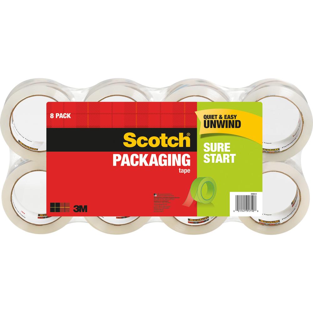 Scotch Sure Start Packaging Tape - 54.60 yd Length x 1.88" Width - 2.6 mil Thickness - 3" Core - Synthetic Rubber Resin - For Mailing, Moving, Sealing, Packing - 8 / Pack - Clear. Picture 1
