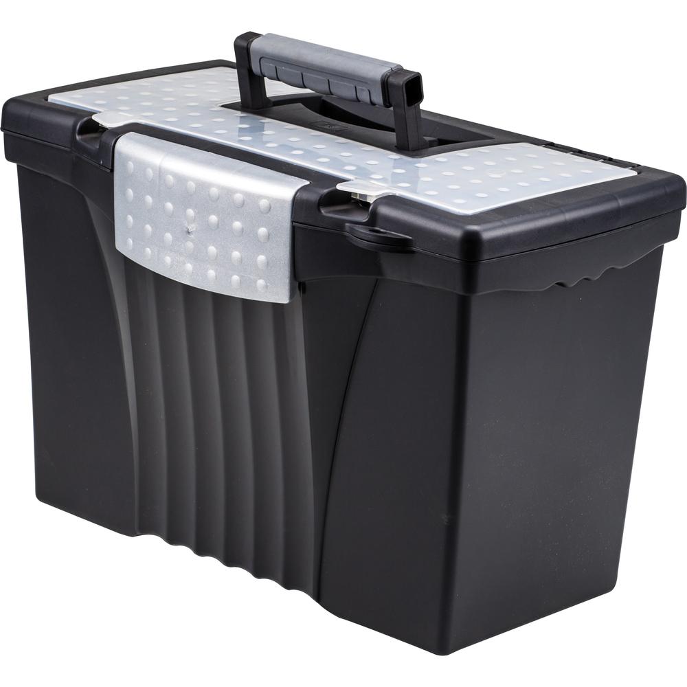 Storex Portable File Storage Box - External Dimensions: 14.5" Width x 10.5" Depth x 12"Height - Media Size Supported: Letter, Legal - Latching Closure - Plastic - Black - For File - Recycled - 1 / Car. Picture 1
