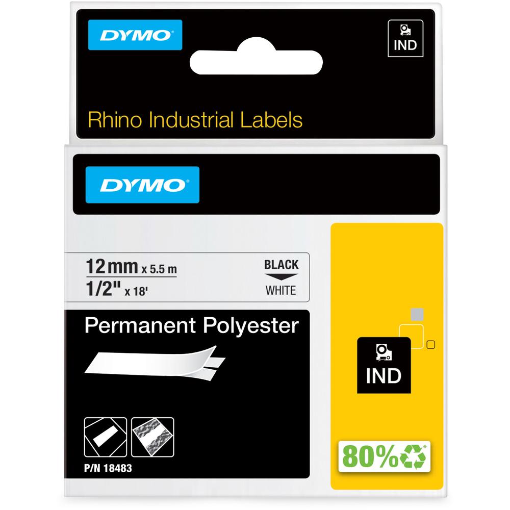 Dymo Rhino Permanent Poly Labels - 1/2" Width - Permanent Adhesive - Thermal Transfer - White, Black - Polyester - 1 Each - Easy Peel. Picture 1