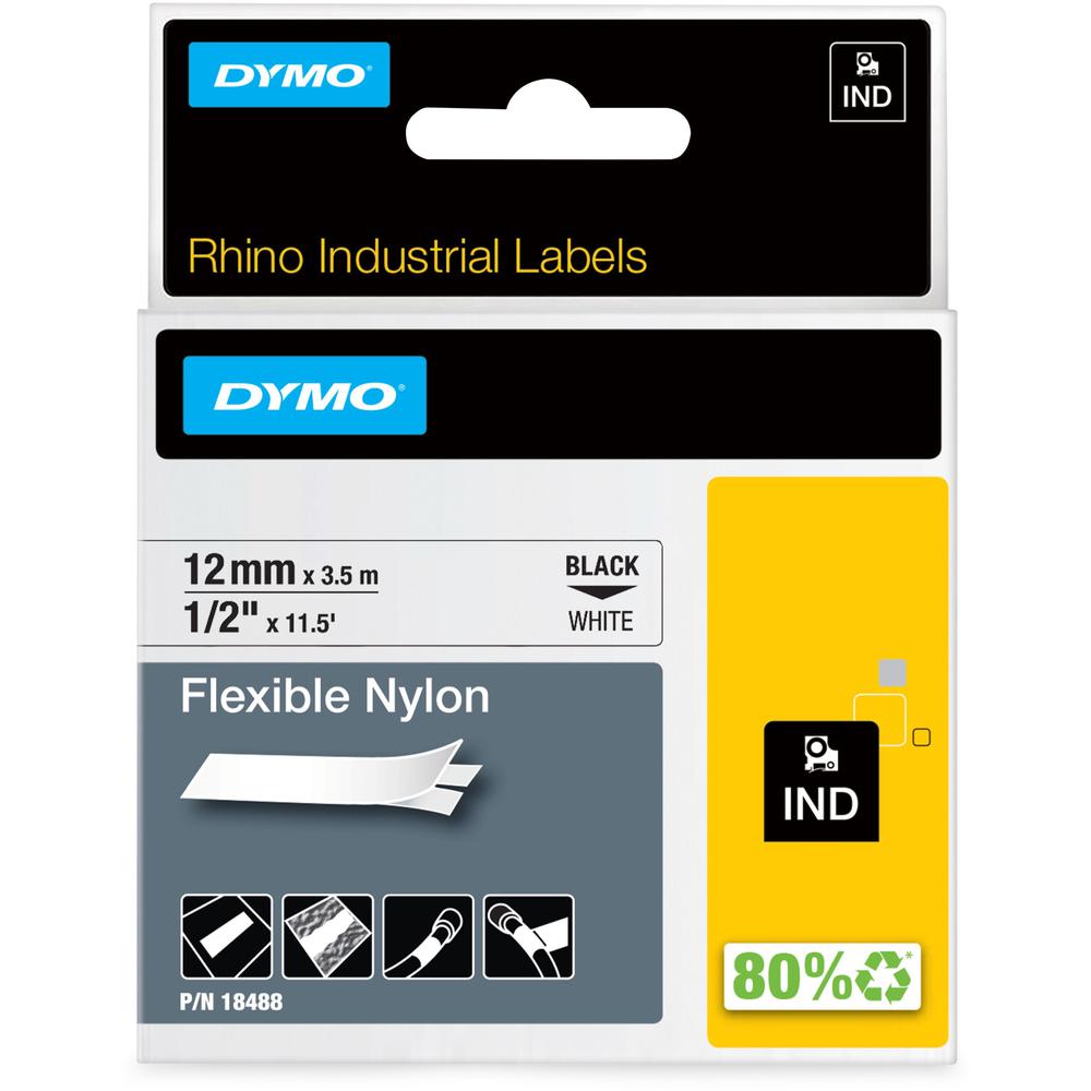 Dymo Rhino Flexible Nylon Labels - 1/2" Width x 11 1/2 ft Length - Thermal Transfer - White, Black - Nylon - 1 Each - Water Resistant - Temperature Resistant, Flexible. Picture 1