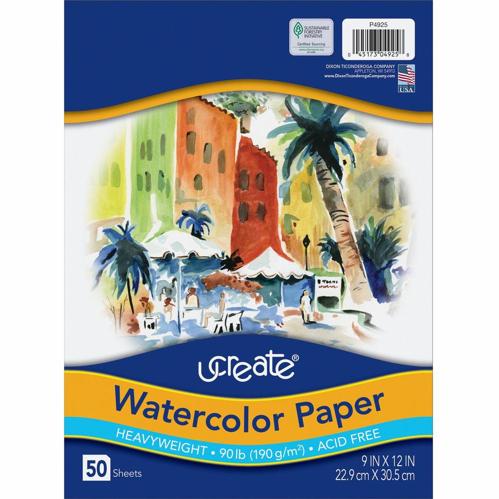 UCreate Watercolor Paper - 9" x 12" - 90 lb Basis Weight - Vellum - 50 / Pack - Sustainable Forestry Initiative (SFI) - Acid-free - White. Picture 1
