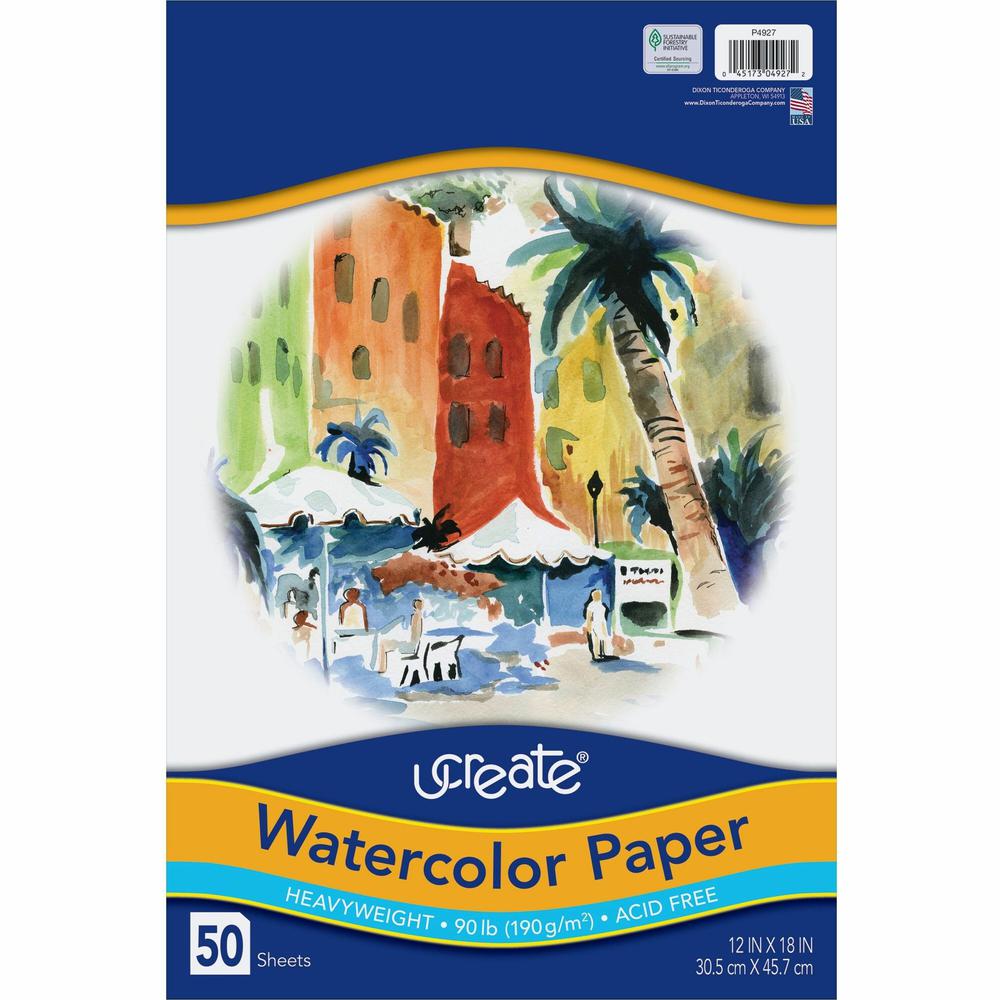 UCreate Watercolor Paper - 12" x 18" - 90 lb Basis Weight - Vellum - 50 / Pack - Sustainable Forestry Initiative (SFI) - Acid-free - White. Picture 1