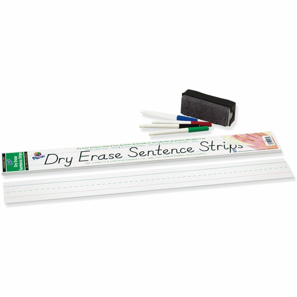 Pacon&reg; Dry Erase Sentence Strips - 3"H x 24"W - 1.5" Ruled - Dry Erase - 30 Strips/Pack - White. Picture 1