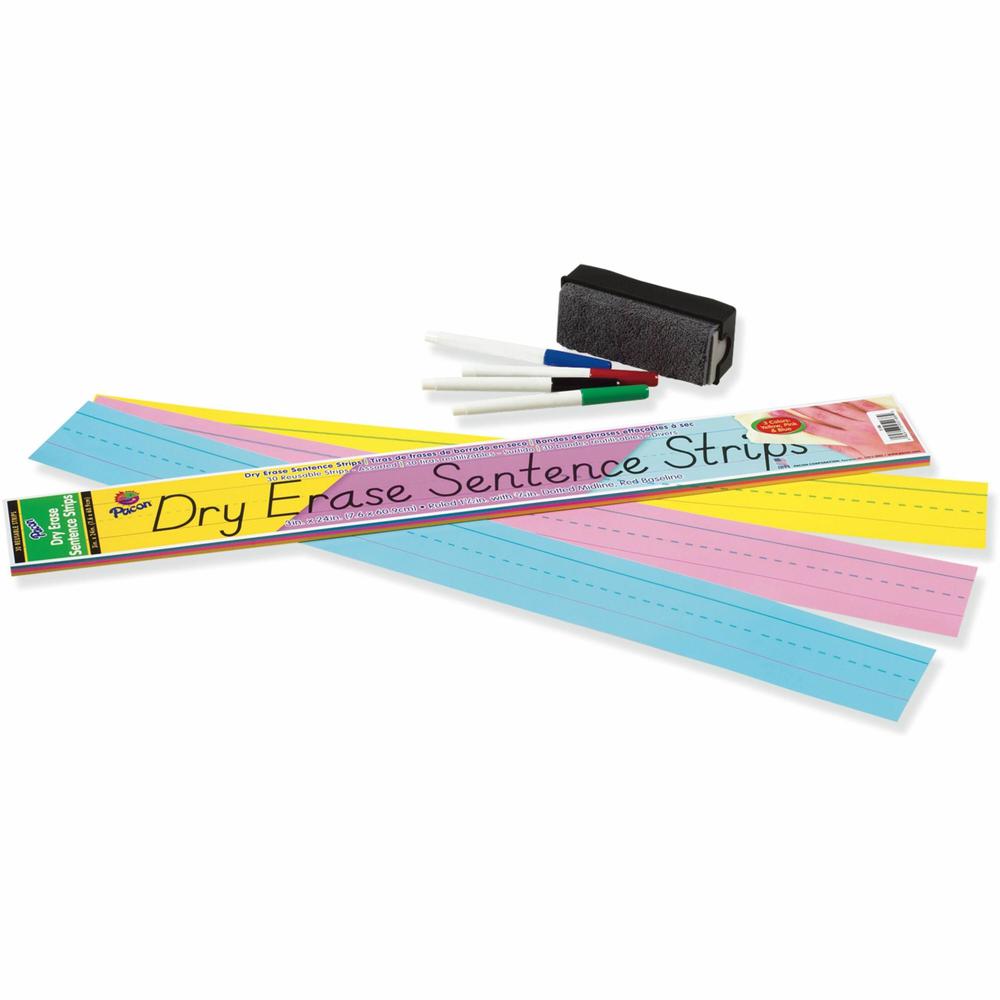 Pacon&reg; Dry Erase Sentence Strips - 3"H x 24"W - 1.5" Ruled - Dry Erase - 30 Strips/Pack - 3 Assorted Colors. Picture 1