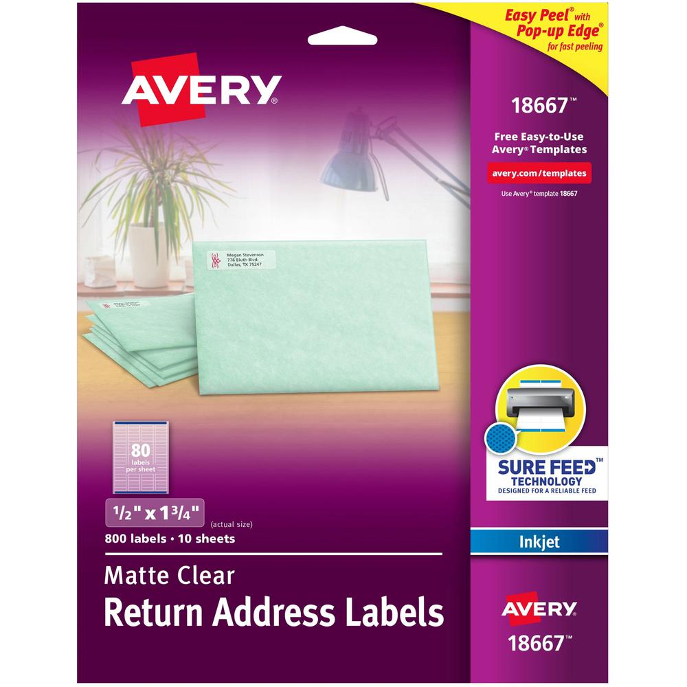 Avery&reg; Easy Peel Inkjet Printer Mailing Labels - 1/2" Width x 1 3/4" Length - Permanent Adhesive - Rectangle - Inkjet - Clear - Film - 80 / Sheet - 10 Total Sheets - 800 Total Label(s) - 5. Picture 1