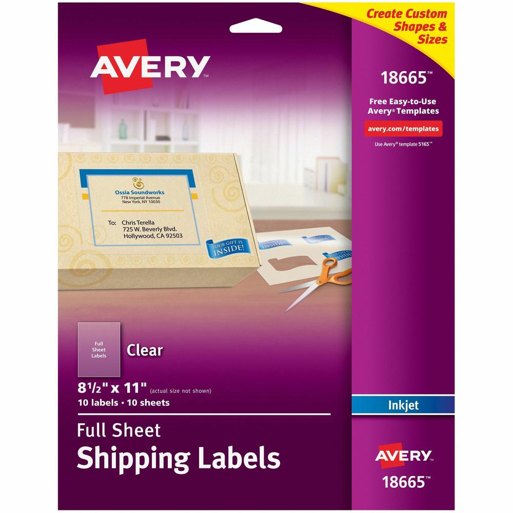 Avery&reg; Shipping Labels, Permanent Adhesive, Matte Frosted Clear, 8-1/2" x 11" , 10 Labels (18665) - 8 1/2" Width x 11" Length - Permanent Adhesive - Rectangle - Inkjet - Frosted Clear - Film - 1 /. Picture 1