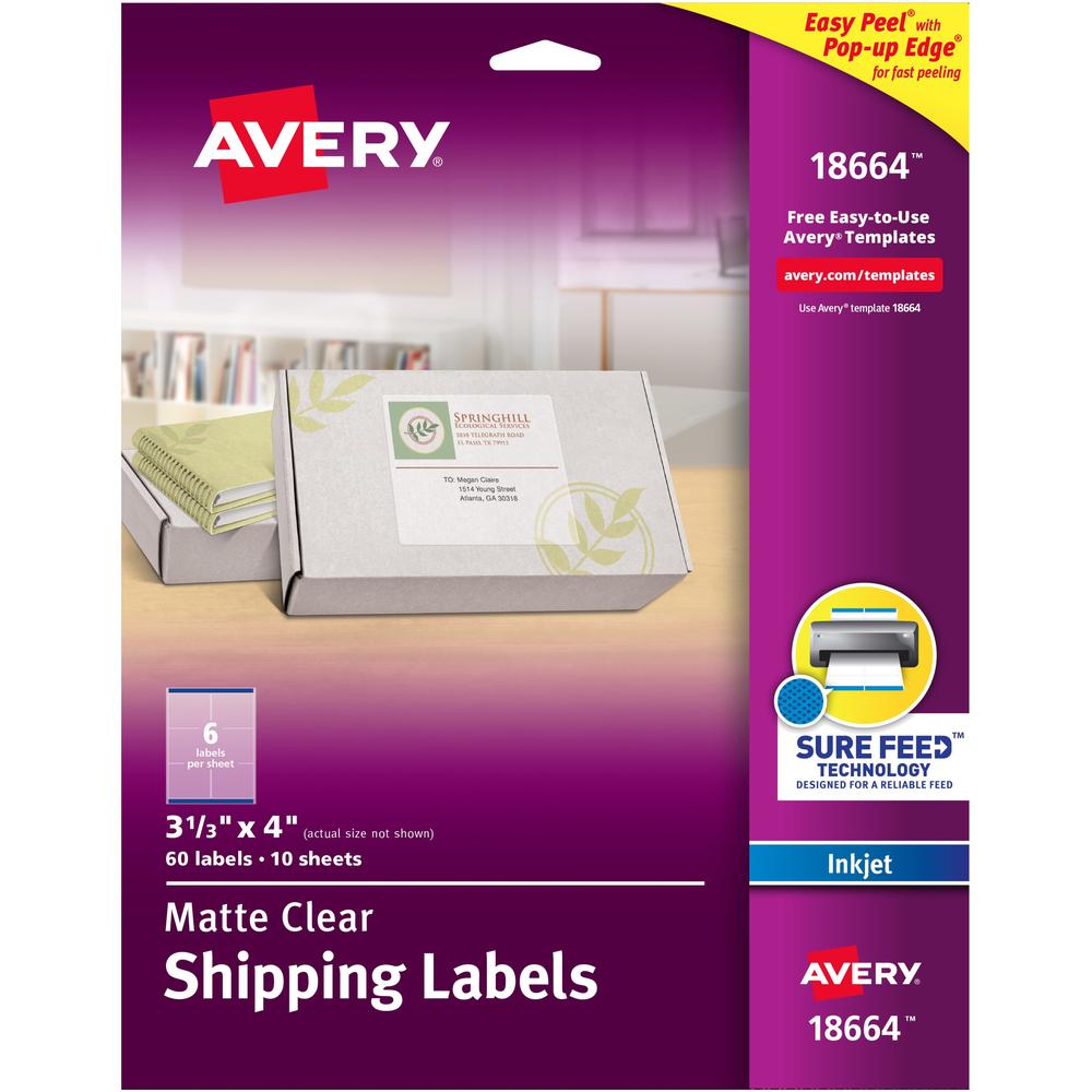Avery&reg; Clear Shipping Labels, Sure Feed, 3-1/3" x 4" , 60 Labels (18664) - 3 21/64" Width x 4" Length - Permanent Adhesive - Rectangle - Inkjet - Clear - Film - 6 / Sheet - 10 Total Sheets - 60 To. Picture 1