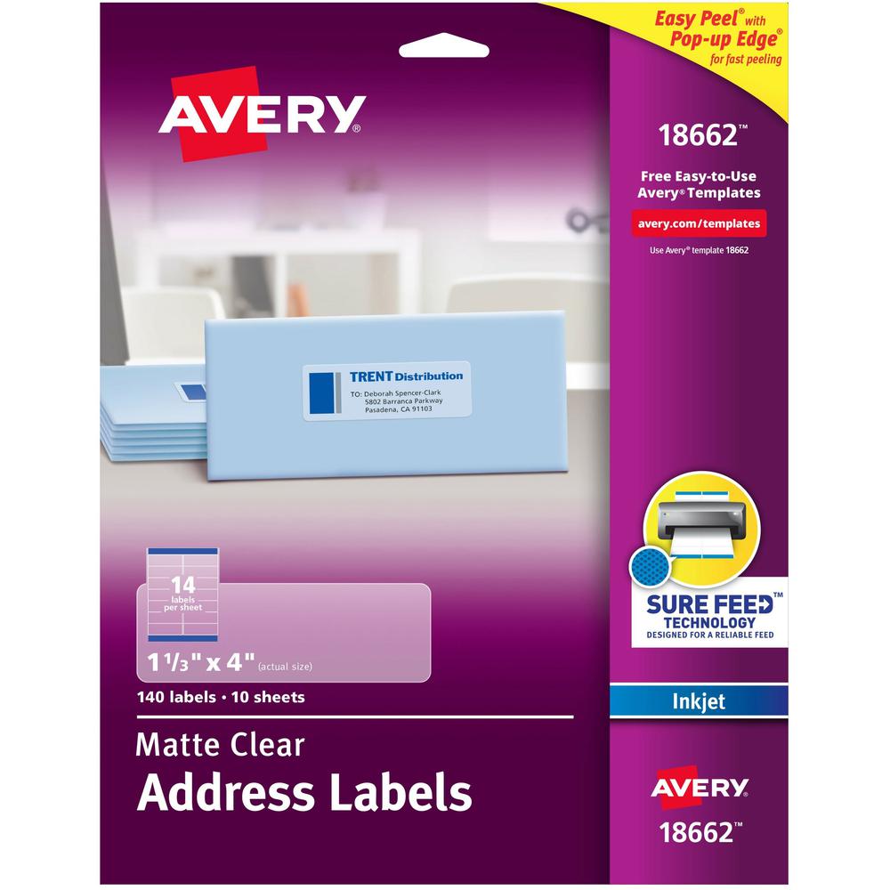 Avery&reg; Easy Peel Inkjet Printer Mailing Labels - 1 21/64" Width x 4" Length - Permanent Adhesive - Rectangle - Inkjet - Clear - Film - 14 / Sheet - 10 Total Sheets - 140 Total Label(s) - 5. The main picture.