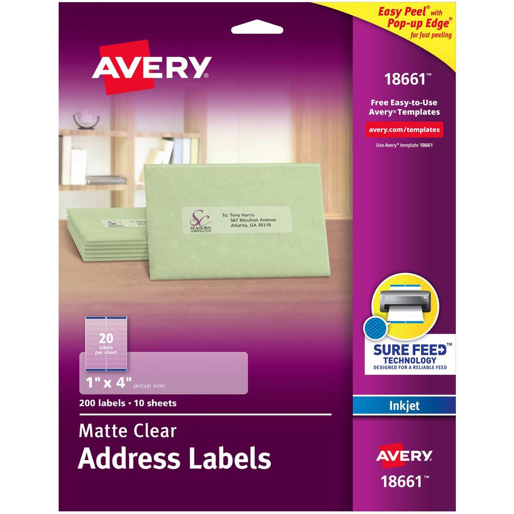 Avery&reg; Easy Peel Inkjet Printer Mailing Labels - 1" Width x 4" Length - Permanent Adhesive - Rectangle - Inkjet - Clear - Film - 20 / Sheet - 10 Total Sheets - 200 Total Label(s) - 5. Picture 1