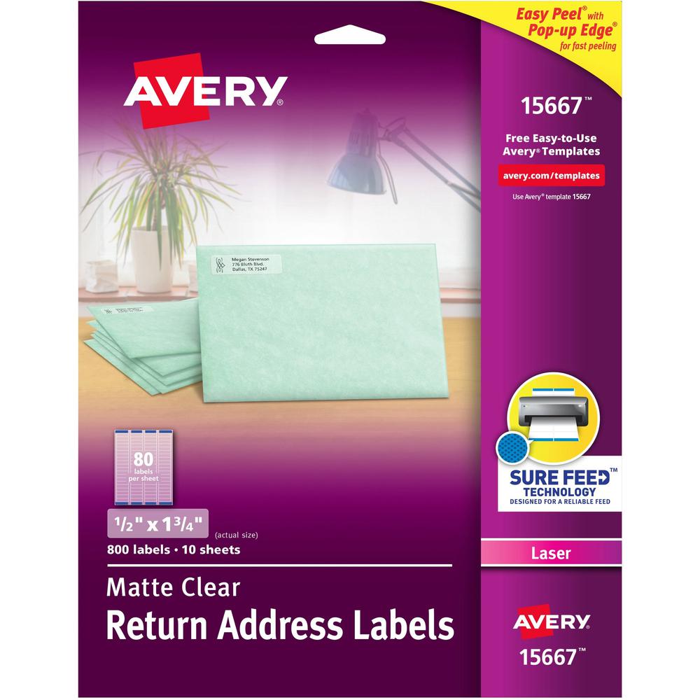 Avery&reg; Easy Peel Return Address Labels - 1/2" Width x 1 3/4" Length - Permanent Adhesive - Rectangle - Laser - Clear - Film - 80 / Sheet - 10 Total Sheets - 800 Total Label(s) - 5. Picture 1
