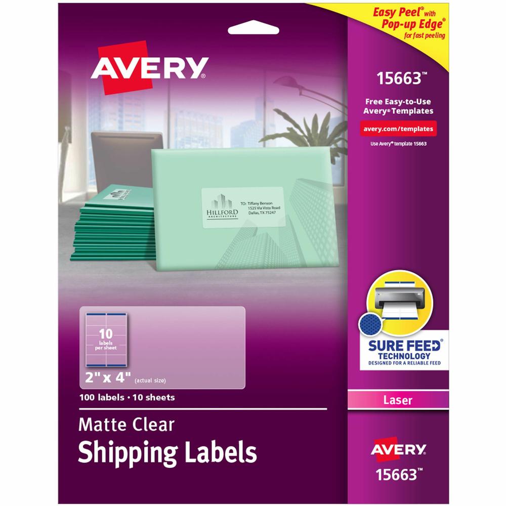 Avery&reg; Easy Peel Return Address Labels - 2" Width x 4" Length - Permanent Adhesive - Rectangle - Laser - Clear - Film - 10 / Sheet - 10 Total Sheets - 100 Total Label(s) - 5. Picture 1