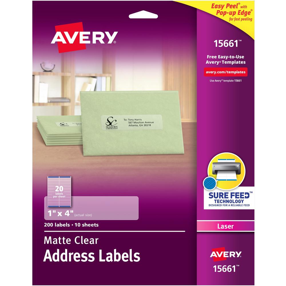 Avery&reg; Easy Peel Return Address Labels - 1" Width x 4" Length - Permanent Adhesive - Rectangle - Laser - Clear - Film - 20 / Sheet - 10 Total Sheets - 200 Total Label(s) - 5. The main picture.