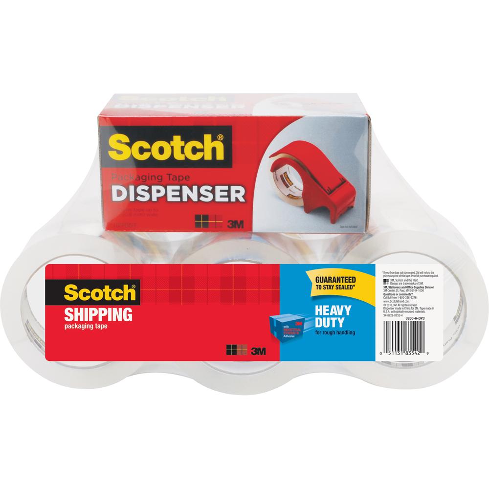 Scotch Heavy-Duty Shipping/Packaging Tape - 54.60 yd Length x 1.88" Width - 3.1 mil Thickness - 3" Core - Synthetic Rubber Resin - Rubber Resin Backing - Dispenser Included - 6 / Pack - Clear. Picture 1