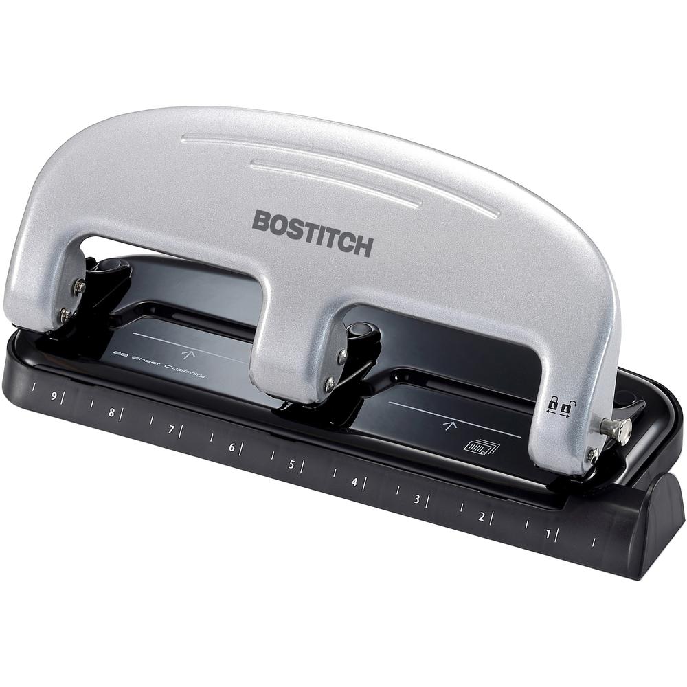 Bostitch EZ Squeeze&trade; 20 Three-Hole Punch - 3 Punch Head(s) - 20 Sheet - 9/32" Punch Size - 4.4" x 2" - Black, Silver. Picture 1