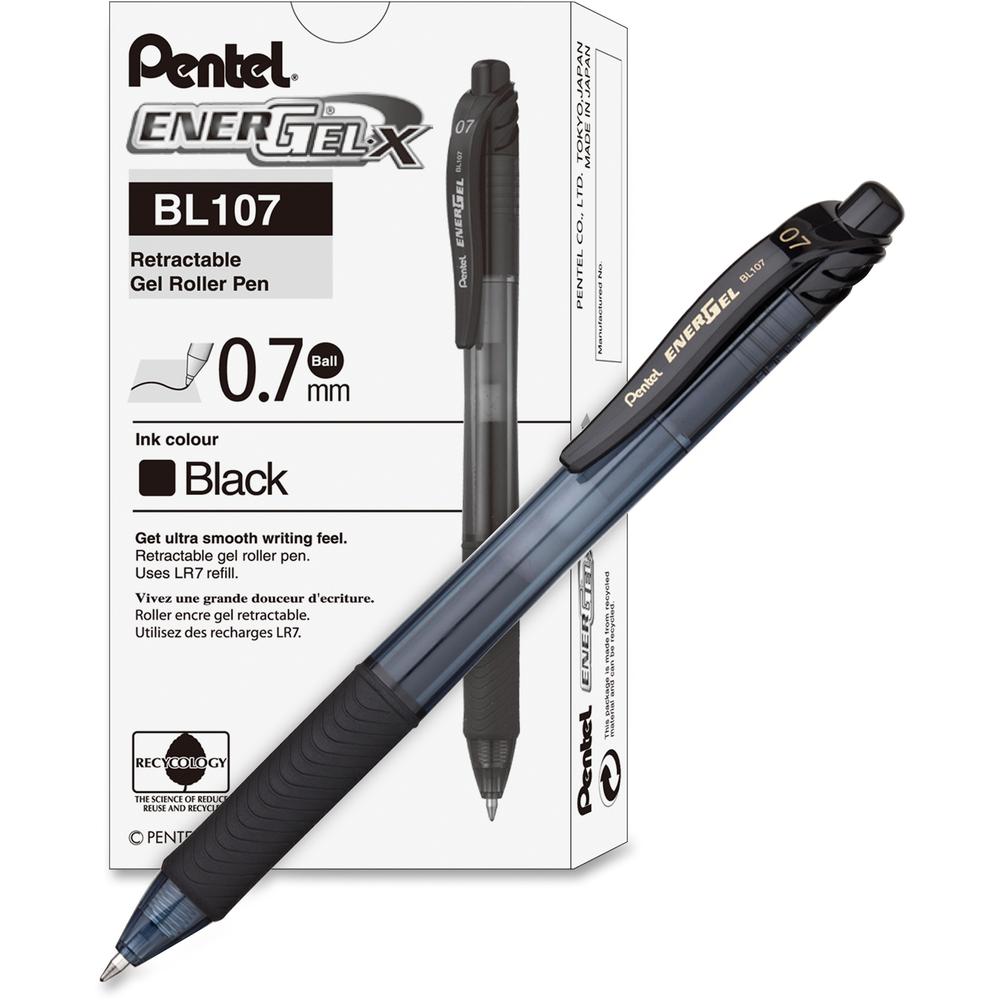 EnerGel EnerGel-X Retractable Gel Pens - Medium Pen Point - 0.7 mm Pen Point Size - Refillable - Retractable - Black Gel-based Ink - Black Barrel - Metal Tip - 12 / Box. Picture 1