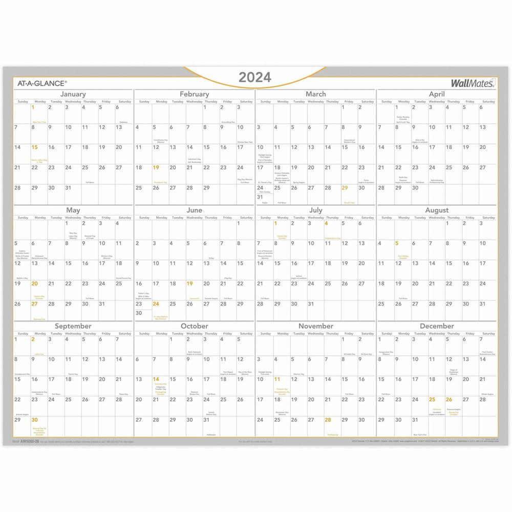 At-A-Glance WallMates Self-Adhesive Dry-Erase Calendar - Large Size - Yearly - 12 Month - January 2024 - December 2024 - 18" x 24" White Sheet - White - Laminate - Erasable, Self-adhesive, Dry Erase S. Picture 1