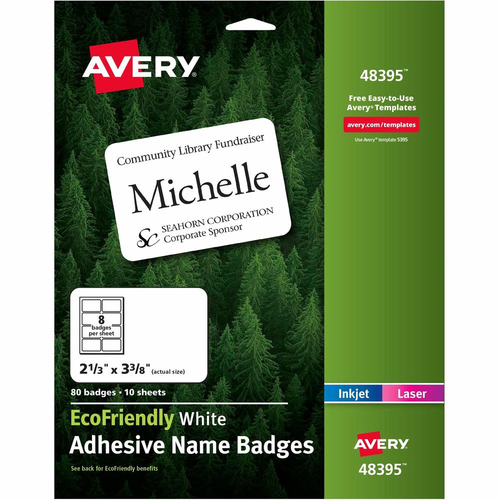 Avery&reg; Eco-friendly Premium Name Badge Labels - 2 21/64" Width x 3 3/8" Length - Removable Adhesive - Rectangle - Laser, Inkjet - White - Paper - 8 / Sheet - 10 Total Sheets - 80 Total Label(s) - . The main picture.