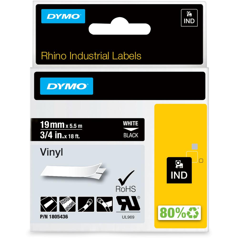 Dymo Colored 3/4" Vinyl Label Tape - 15/32" Width - Permanent Adhesive - Thermal Transfer - White - Vinyl - 1 Each - Water Resistant - Self-adhesive, Oil Resistant, Chemical Resistant, Corrosion Resis. Picture 1