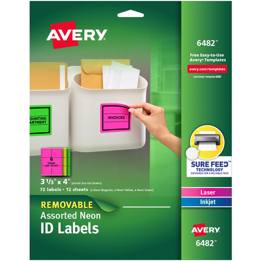Avery&reg; ID Labels - 3 1/2" Width x 4" Length - Removable Adhesive - Rectangle - Laser, Inkjet - Neon Green, Neon Magenta, Neon Yellow - Paper - 6 / Sheet - 12 Total Sheets - 120 Total Label(s) - 72. Picture 1