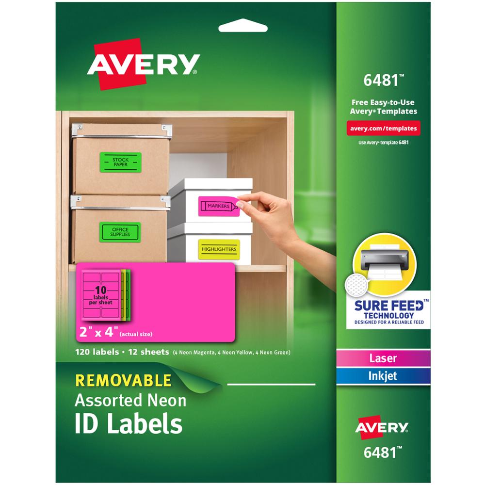 Avery&reg; Multipurpose Oval Labels - 2" Width x 4" Length - Removable Adhesive - Rectangle - Laser, Inkjet - Neon Green, Neon Magenta, Neon Yellow - Paper - 10 / Sheet - 12 Total Sheets - 120 Total L. Picture 1