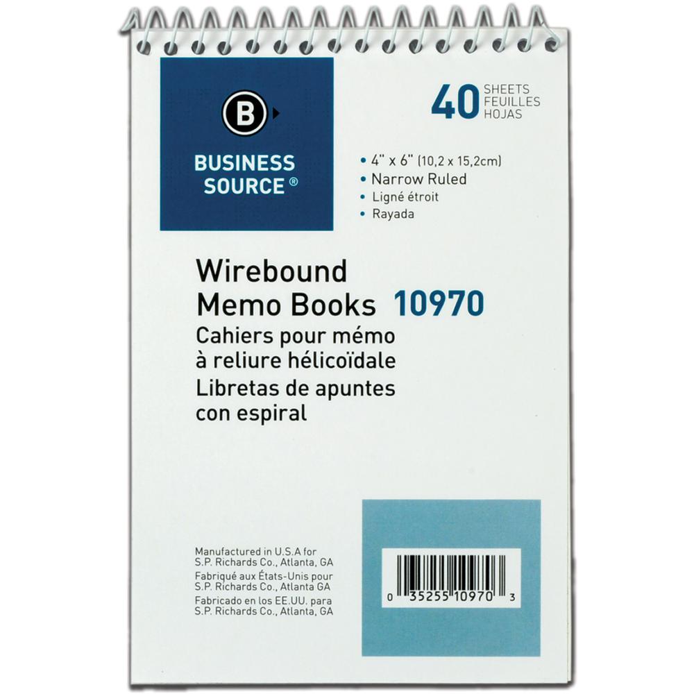 Business Source Wirebound Memo Books - 40 Sheet(s) - Wire Bound - 4" x 6" Sheet Size - White - White Sheet(s) - 1 Dozen. Picture 1