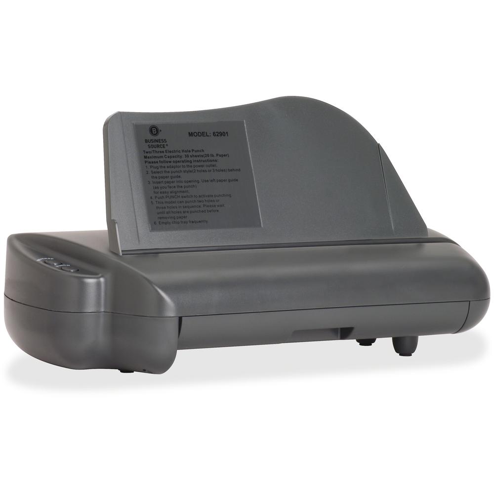 Business Source Electric Adjustable 3-hole Punch - 3 Punch Head(s) - 30 Sheet of 20lb Paper - 1/4" Punch Size - 17.8" x 5.3" x 8.3" - Gray. Picture 1