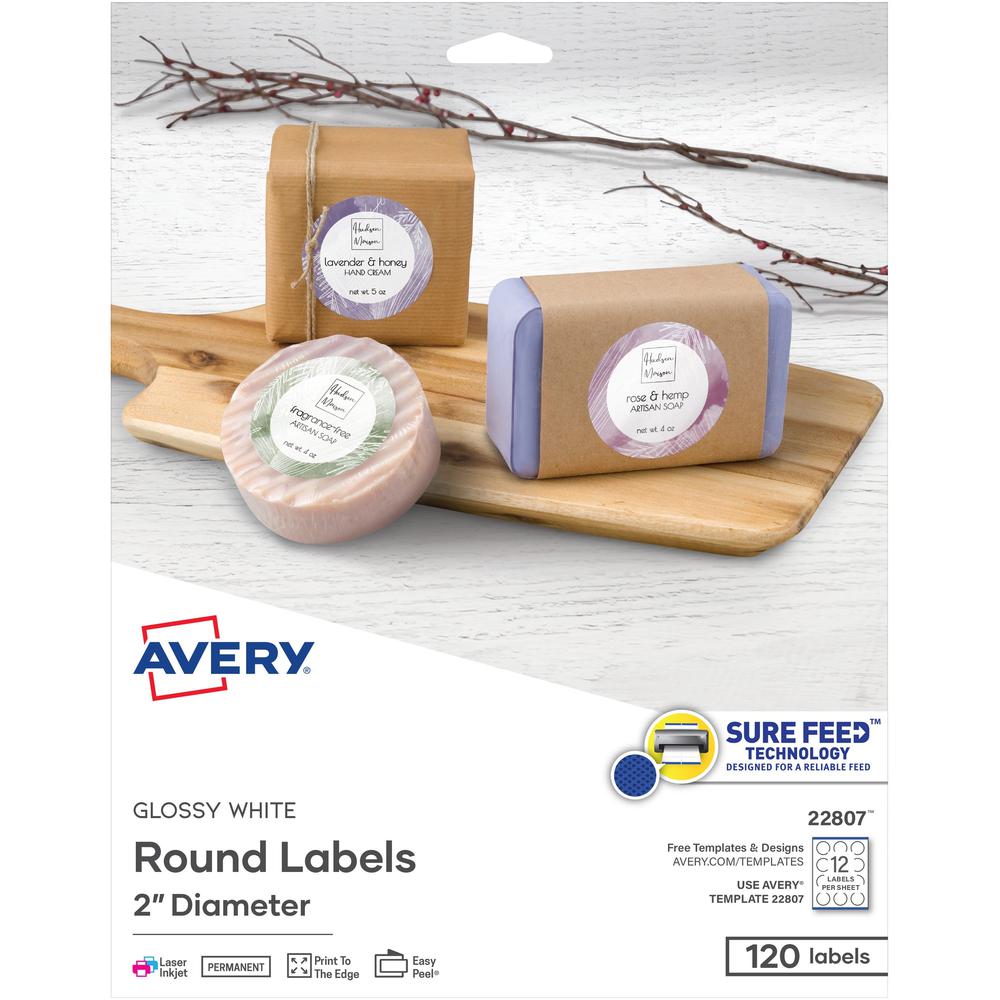 Avery&reg; Glossy White Round Labels2" Diameter - - Width2" Diameter - Permanent Adhesive - Round - Laser, Inkjet - Bright White - Paper - 12 / Sheet - 10 Total Sheets - 120 Total Label(s) - 120 / Pac. Picture 1