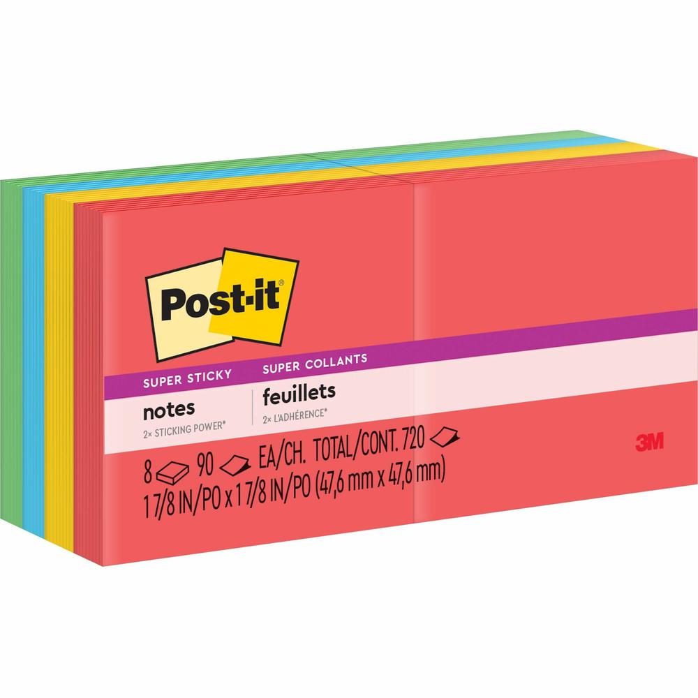 Post-it&reg; Super Sticky Notes - Playful Primaries Color Collection - 720 - 2" x 2" - Square - 90 Sheets per Pad - Unruled - Candy Apple Red, Sunnyside, Lucky Green, Blue Paradise - Paper - Self-adhe. Picture 1