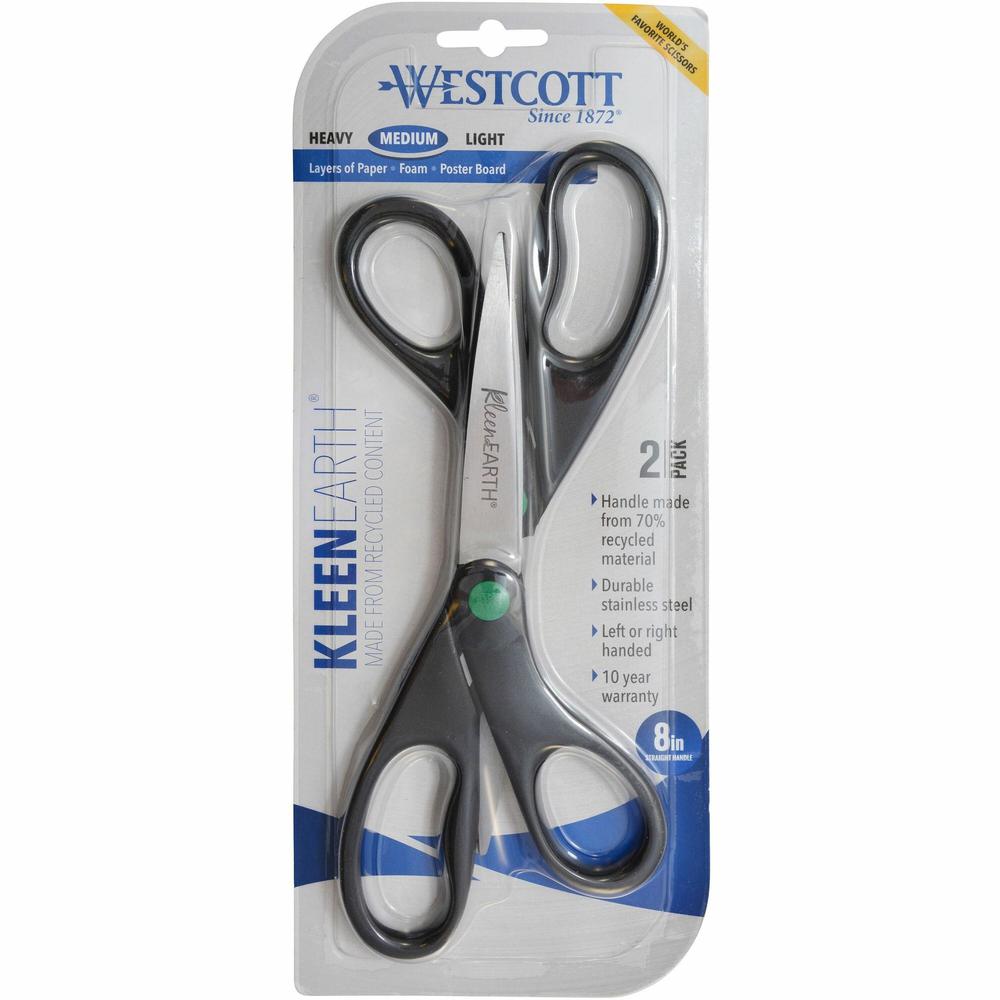 Westcott KleenEarth Hard Handle Scissors - 8" Overall Length - Straight-left/right - Stainless Steel - Black - 2 / Pack. Picture 1