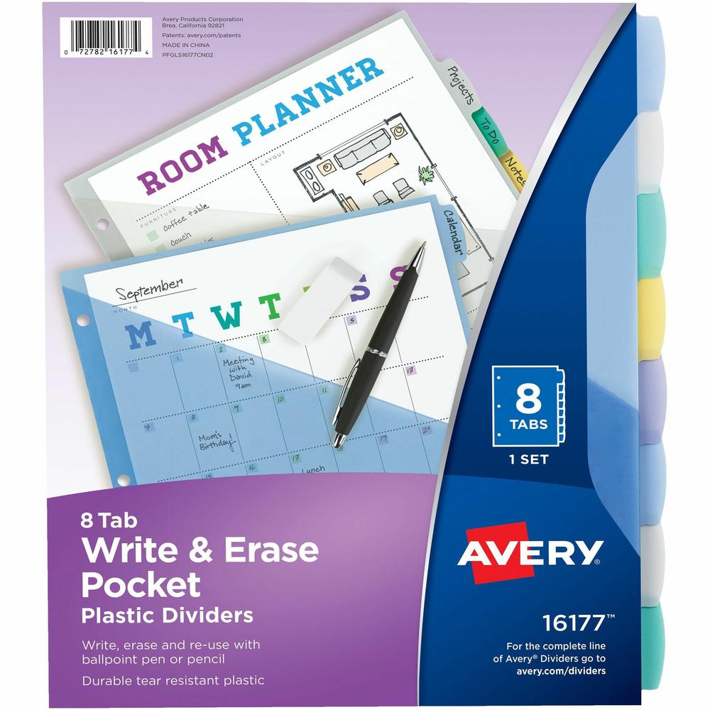 Avery&reg; Write & Erase Pocket Dividers - 8 x Divider(s) - 8 Write-on Tab(s) - 8 - 8 Tab(s)/Set - 9.3" Divider Width x 11.13" Divider Length - 3 Hole Punched - Multicolor Plastic Divider - Multicolor. Picture 1