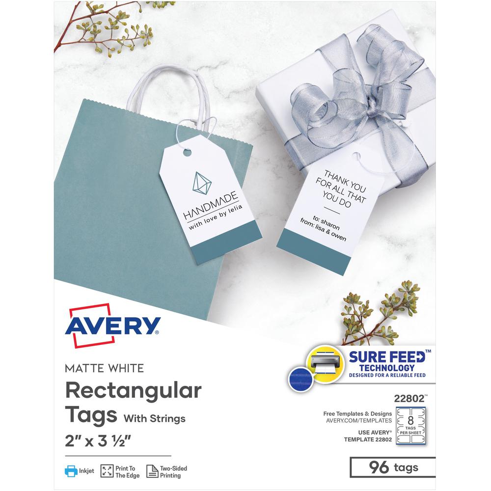 Avery&reg; Printable Tags with String - 2" Length x 3.50" Width - Rectangular - String Fastener - 96 / Pack - Card Stock - White, Matte White. Picture 1