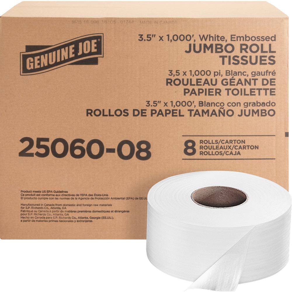 Genuine Joe Jumbo Dispenser Roll Bath Tissue - 2 Ply - 3.50" x 1000 ft - 9" Roll Diameter - 3.30" Core - White - 8 / Carton. Picture 1