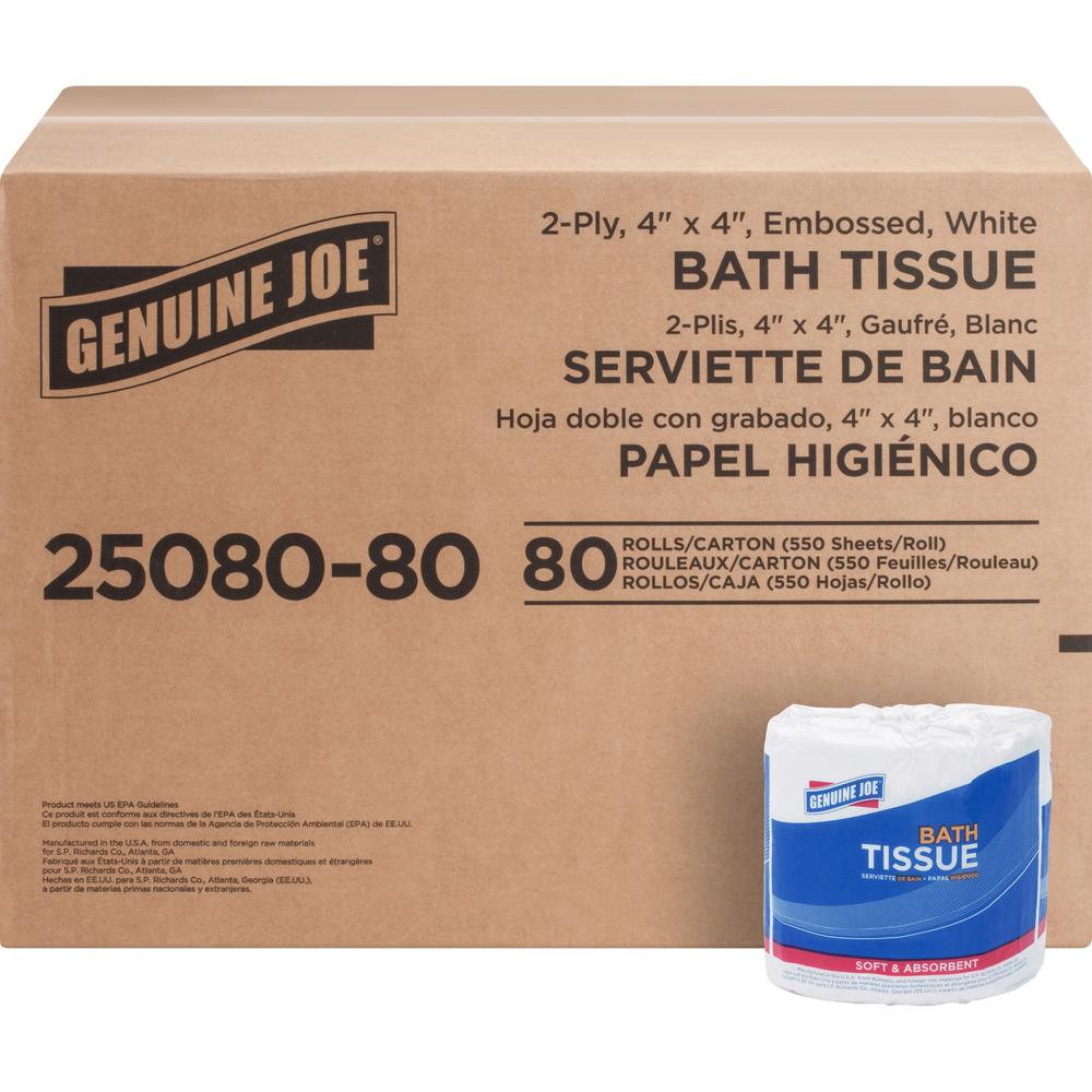 Genuine Joe Embossed Roll Bath Tissue - 2 Ply - 4" x 4" - 550 Sheets/Roll - 1.63" Core - White - 80 / Carton. Picture 1