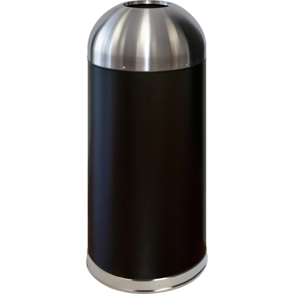 Genuine Joe 15 Gallon Dome Top Trash Receptacle - 15 gal Capacity - Durable, Powder Coated, Easy to Clean - 40" Height x 16.5" Diameter - Stainless Steel - Black, Silver - 1 Each. Picture 1