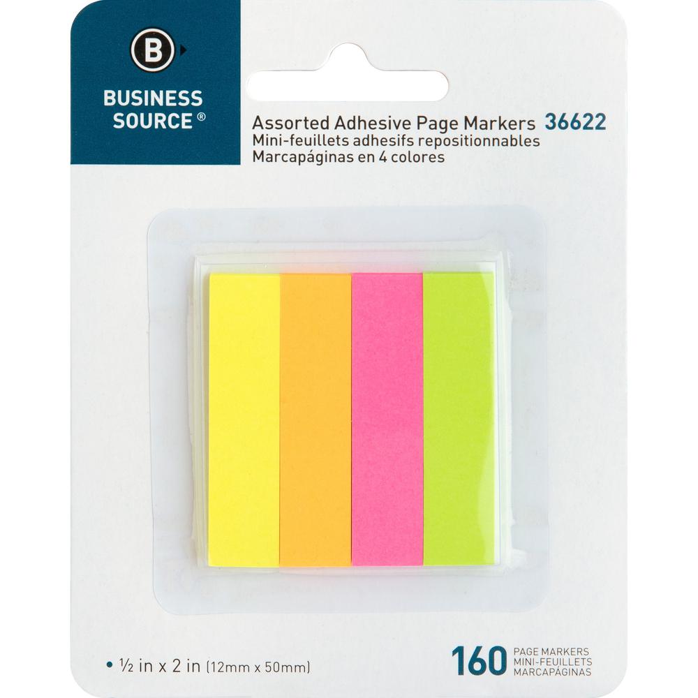 Business Source Removable Page Markers - 40 x Yellow, 40 x Green, 40 x Pink, 40 x Orange - 0.75" x 2" - Rectangle - Assorted - Removable, Repositionable, Self-adhesive - 4 / Pack. The main picture.