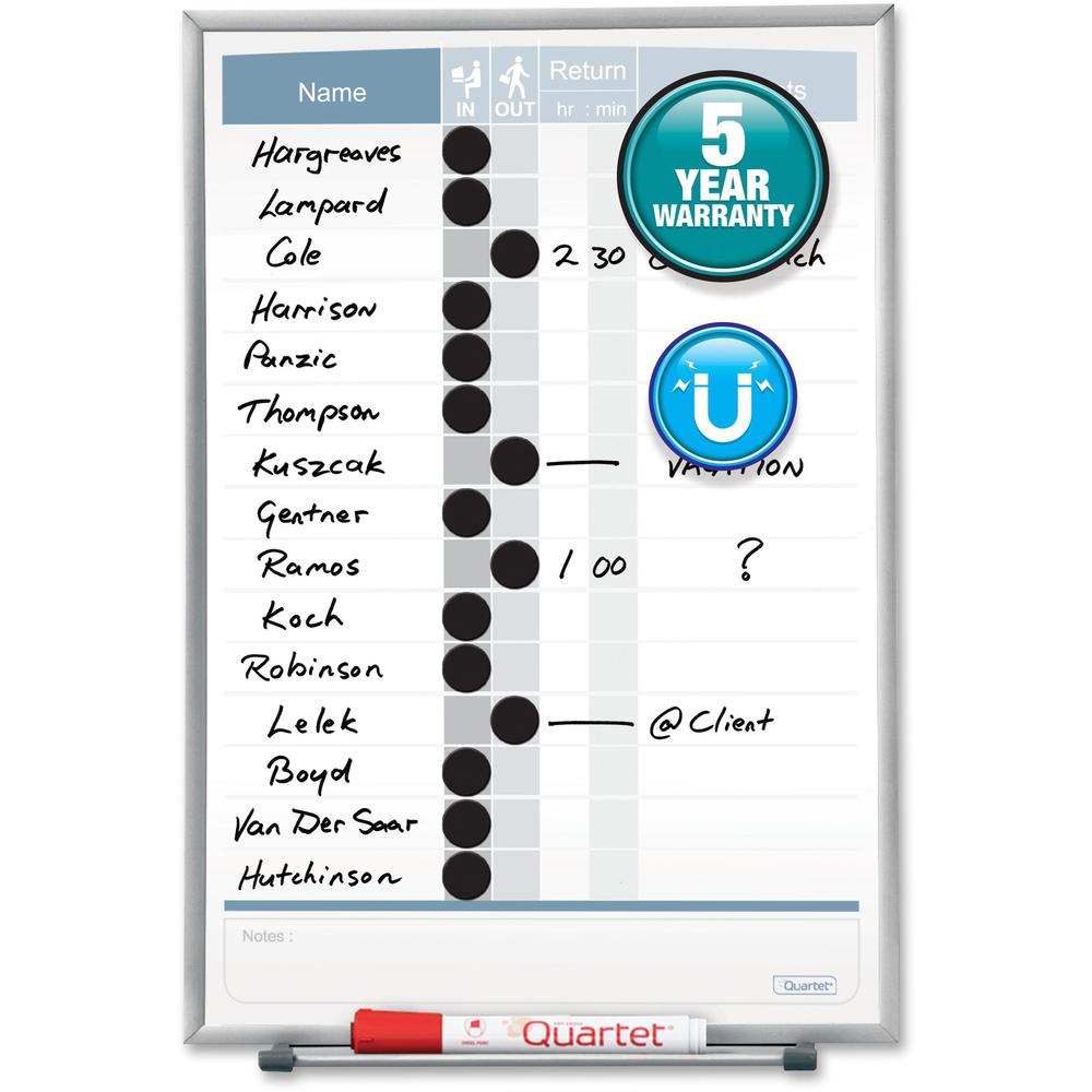 Quartet Matrix 15-employee In/Out Board - 16" Height x 11" Width - White Natural Cork Surface - Magnetic, Durable - Silver Frame - 1 Each. Picture 1