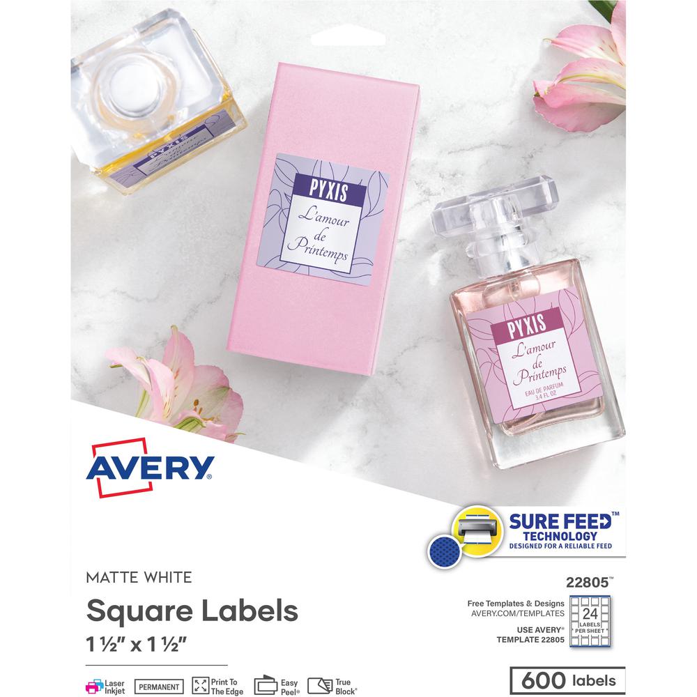 Avery&reg; Print-to-the-Edge Easy Peel Square Labels - 1 1/2" Width x 1 1/2" Length - Permanent Adhesive - Square - Laser, Inkjet - Matte White - Paper - 24 / Sheet - 25 Total Sheets - 600 Total Label. The main picture.