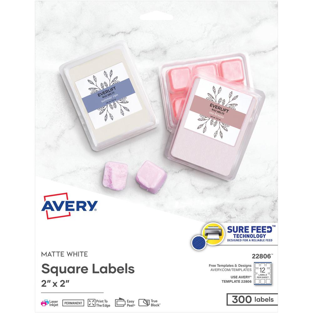 Avery&reg; Matte White Square Labels2" x 2" - 2" Width x 2" Length - Permanent Adhesive - Square - Laser, Inkjet - Matte White - Paper - 12 / Sheet - 25 Total Sheets - 300 Total Label(s) - 300 / Pack. Picture 1