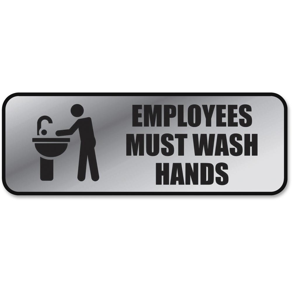 COSCO Employee Wash Hands Sign - 1 Each - Employees Must Wash Hands Print/Message - 9" Width x 3" Height - Rectangular Shape - Office - Metal - Silver. Picture 1