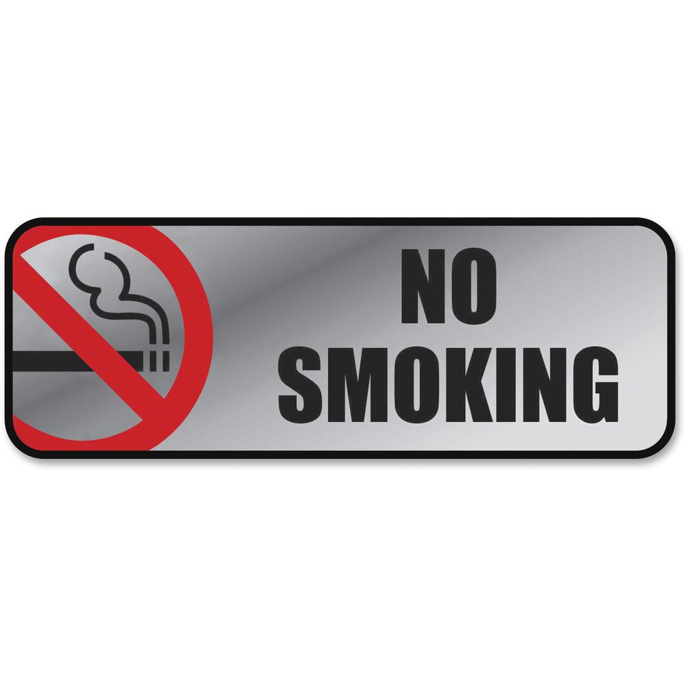 COSCO No Smoking Image/Message Sign - 1 Each - No Smoking Print/Message - 9" Width x 3" Height - Rectangular Shape - Metal - Metallic, Silver, Red, Black. Picture 1