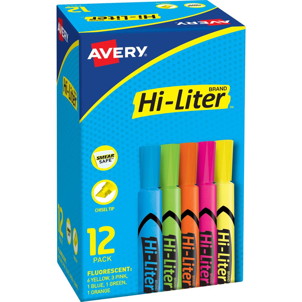 Avery&reg; Hi-Liter Desk-Style Highlighters - Chisel Marker Point Style - Fluorescent Yellow, Fluorescent Blue, Fluorescent Green, Fluorescent Orange, Fluorescent Pink Water Based Ink - Plastic Tip - . Picture 1