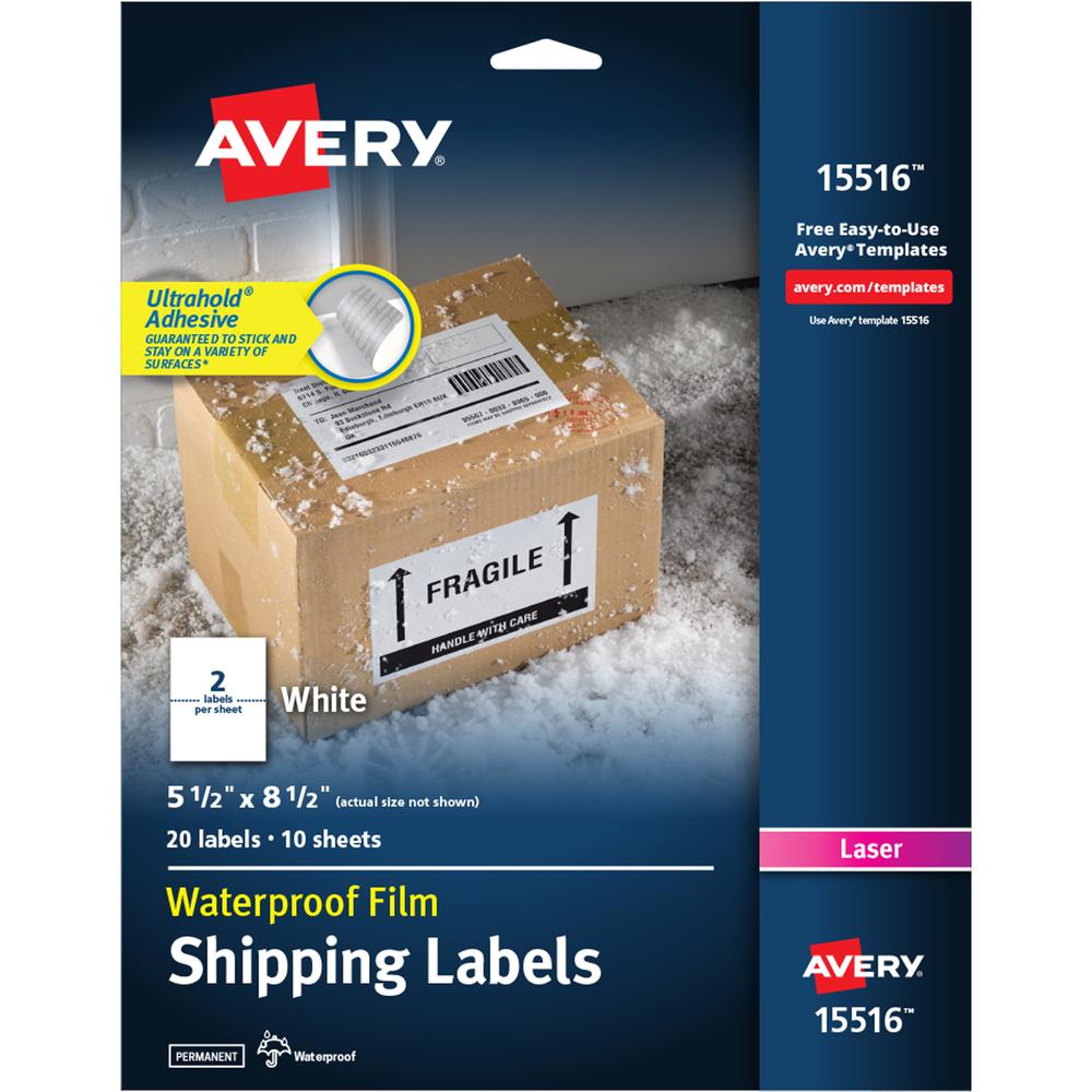 Avery&reg; Waterproof Shipping Labels with TrueBlock - Permanent Adhesive - Rectangle - Laser - White - Film - 2 / Sheet - 10 Total Sheets - 20 Total Label(s) - 5. The main picture.
