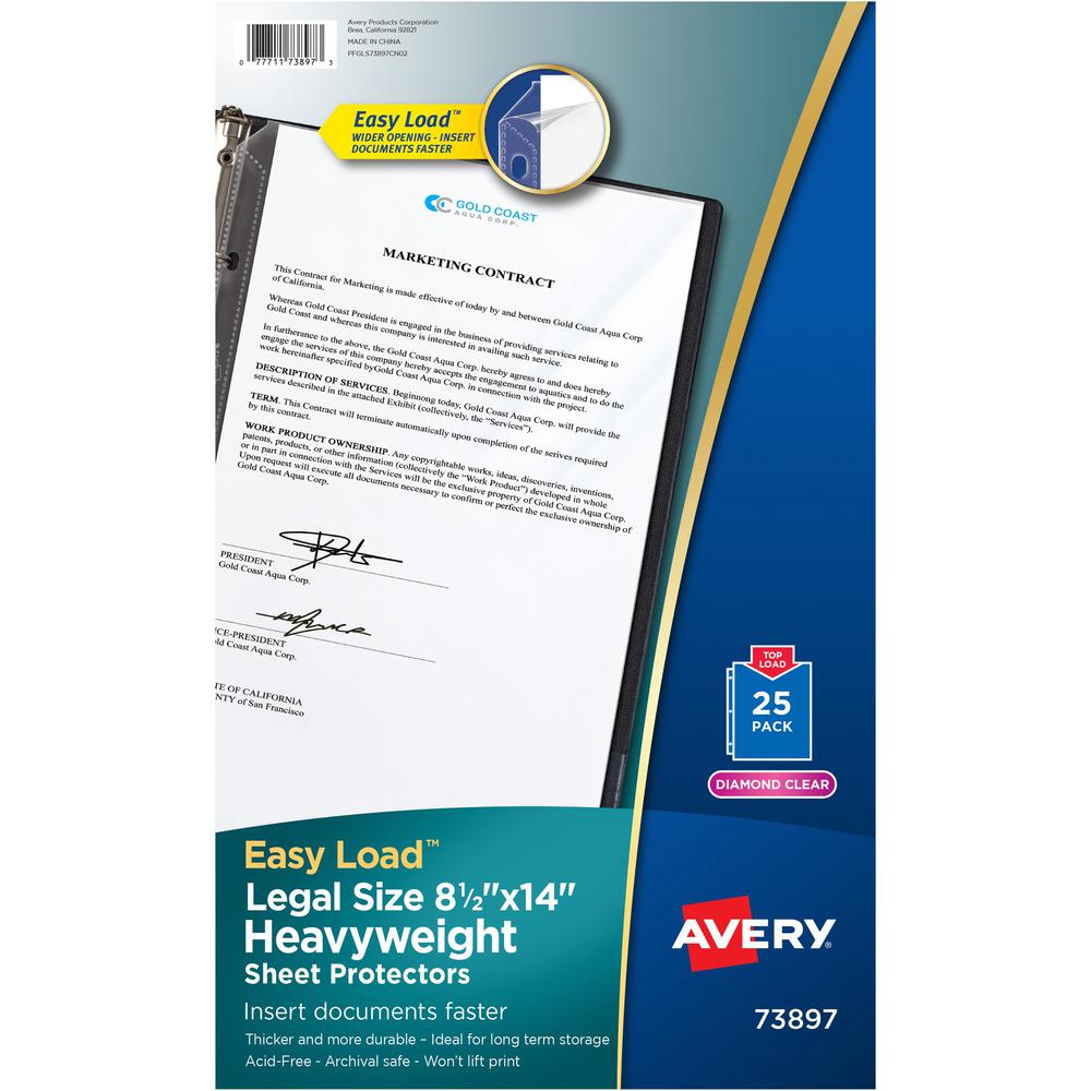Avery&reg; Diamond Clear Sheet Protectors - 1 x Sheet Capacity - For Legal 8 1/2" x 14" Sheet - 3 x Holes - 3 x Rings - Ring Binder - Top Loading - Rectangular - Clear - Polypropylene - 25 / Pack. Picture 1