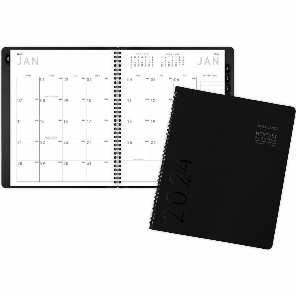 At-A-Glance Contemporary Planner - Large Size - Julian Dates - Monthly - 1 Year - January 2024 - December 2024 - 1 Month Double Page Layout - 9" x 11" White Sheet - Wire Bound - Desktop - Faux Leather. Picture 1