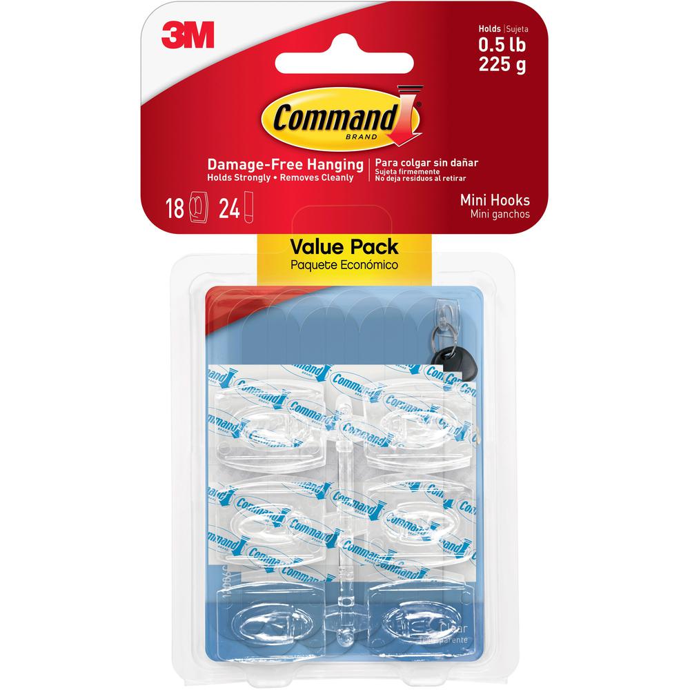 Command Mini Clear Hooks with Clear Strips - 7.94 oz (225 g) Capacity - 1.1" Length - Plastic - Clear - 18 / Pack. Picture 1