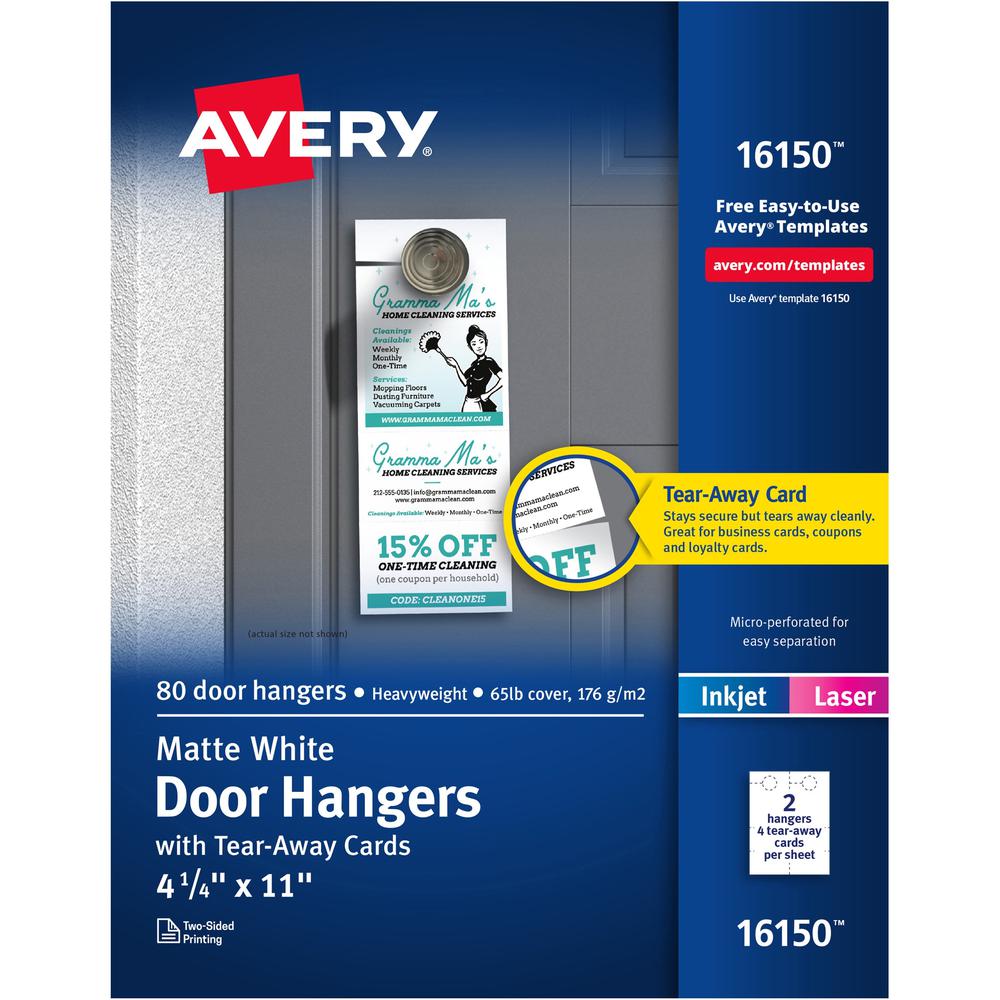 Avery&reg; Laser Inkjet Tear-Away Cards Door Hanger - 80 / Pack - Double-sided, Sturdy, Printable - White. Picture 1