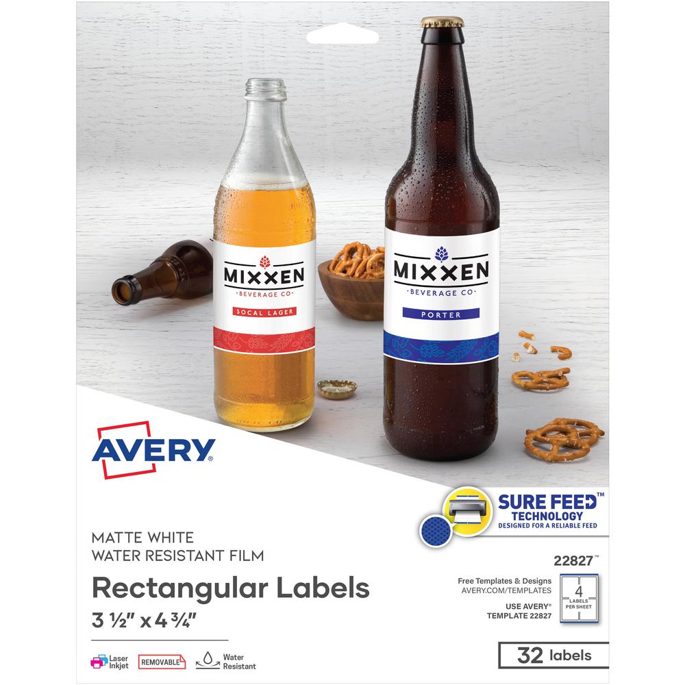 Avery&reg; Removable Durable Labels -Sure Feed Technology - 3 1/2" Width x 4 3/4" Length - Removable Adhesive - Rectangle - Laser, Inkjet - White - Film - 4 / Sheet - 8 Total Sheets - 32 Total Label(s. Picture 1
