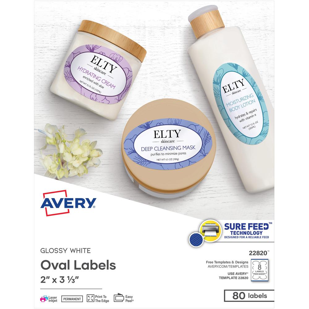 Avery&reg; Easy Peel Oval Labels - 2" Width x 3 21/64" Length - Permanent Adhesive - Oval - Laser, Inkjet - White - Paper - 8 / Sheet - 10 Total Sheets - 80 Total Label(s) - 5. Picture 1
