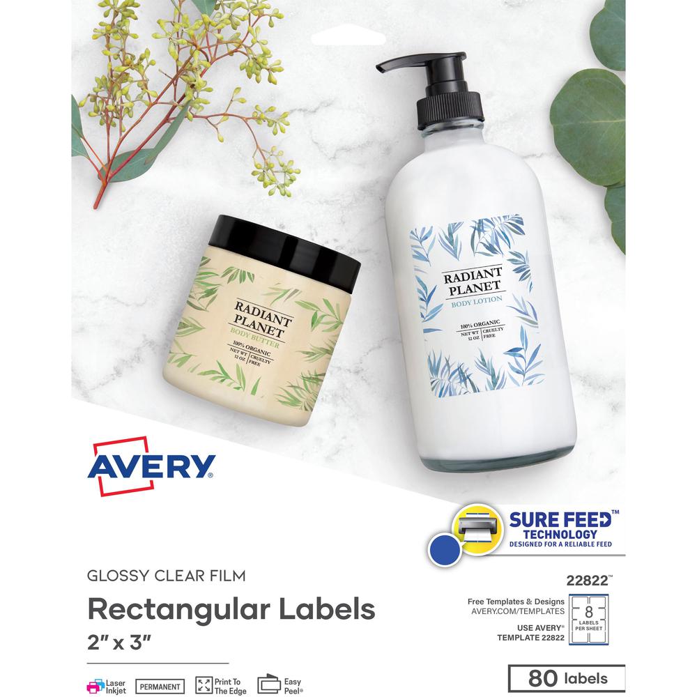 Avery&reg; Glossy Clear Rectangle Labels2" x 3" - 2" Width x 3" Length - Permanent Adhesive - Rectangle - Laser, Inkjet - Crystal Clear - Film - 8 / Sheet - 10 Total Sheets - 80 Total Label(s) - 80 / . Picture 1